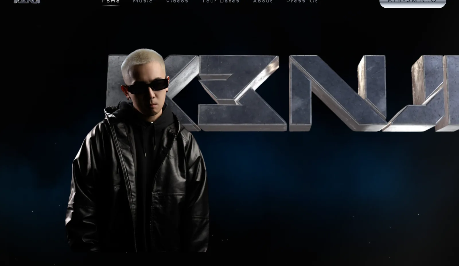 K3NJI artist website hero with portrait and wordmark